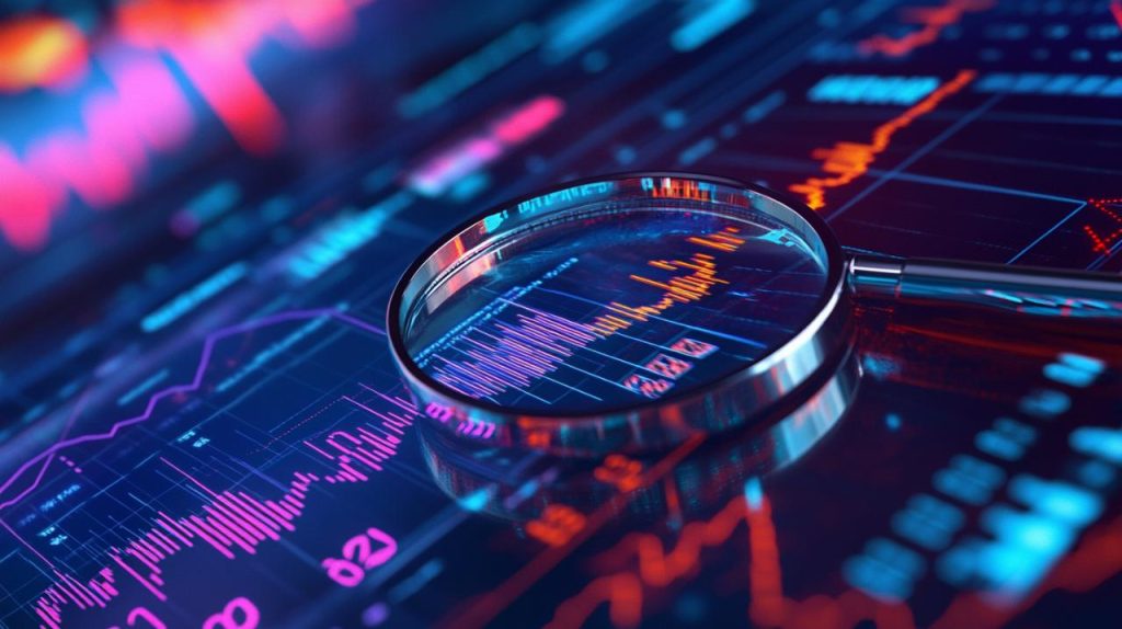 A close-up of a magnifying glass focusing on vibrant pink and orange digital frequency waves and data charts, exploring the dropping odds meaning for bettors