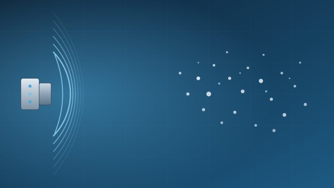 A diagram demonstrating sound waves emitting from an ultrasonic vibrator component on the left toward a cluster of floating particles on the right.